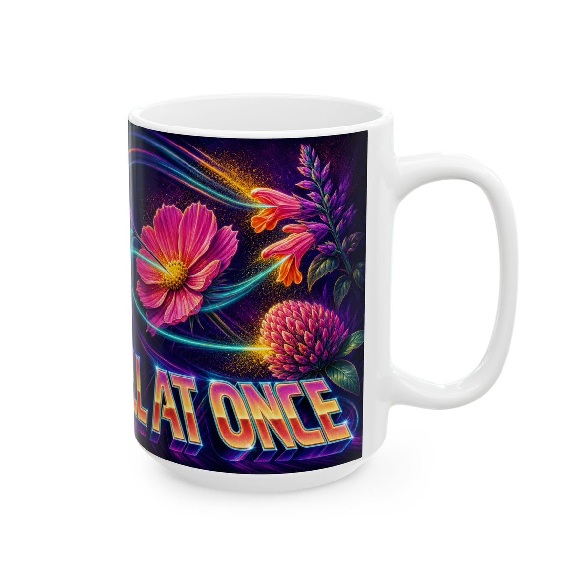 Hummingbird Hovering Neon Poster Art Mug vibrant flowers frenetic joy