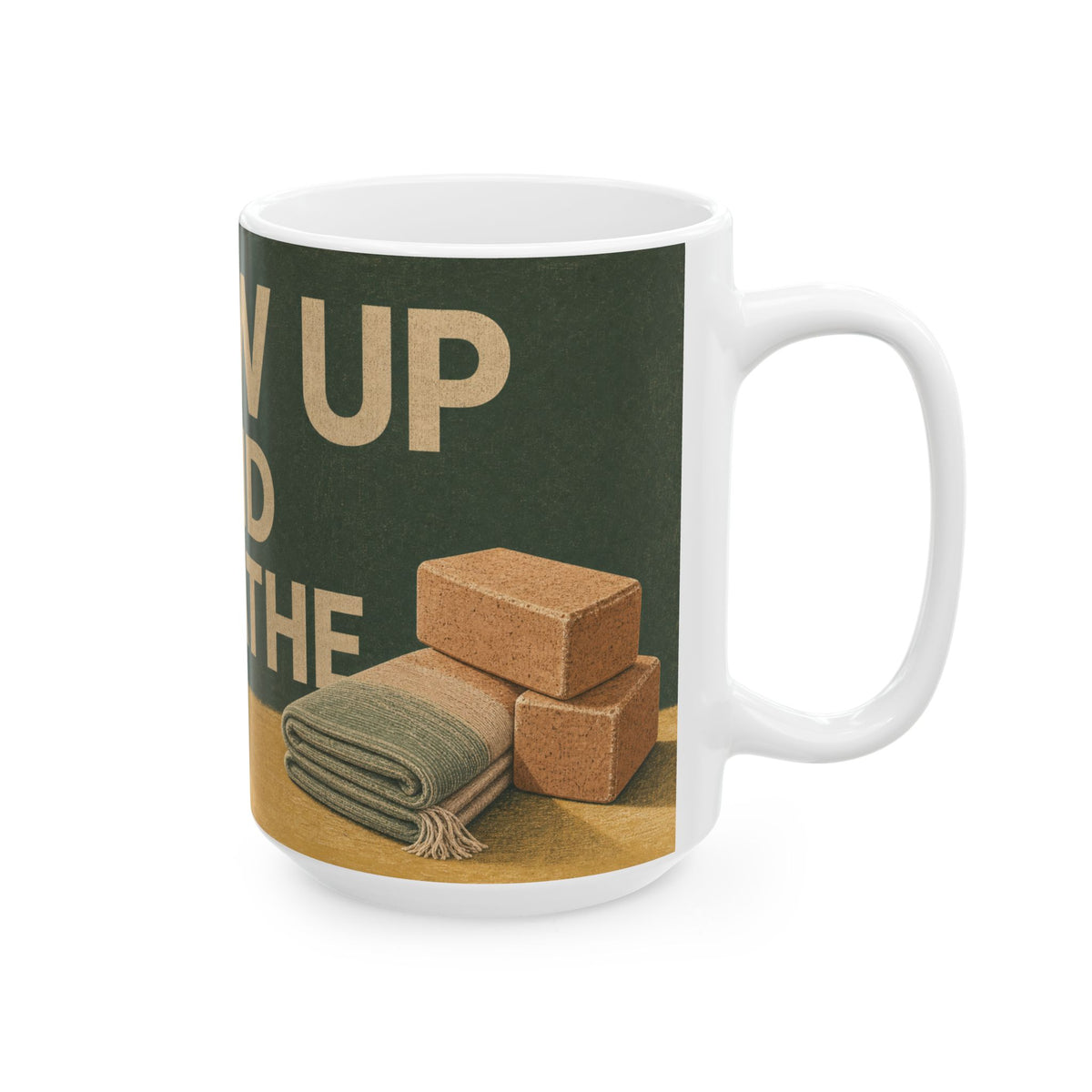 Senior Yoga Blocks and Folded Blanket Mug calm studio morning light gift