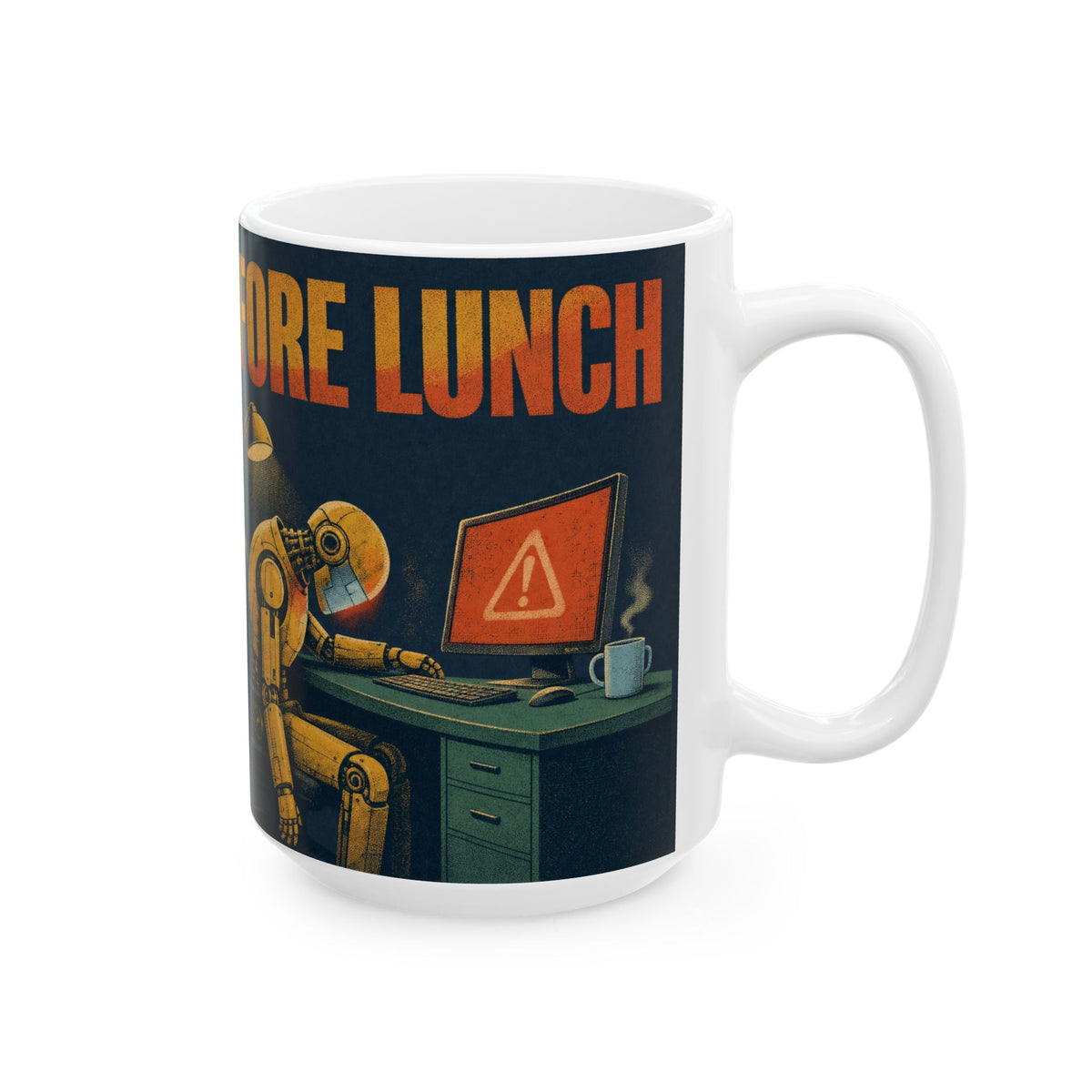 Office Robot Dark Humour Mug AI Anxiety Desk Scene Duotone Gift for Tech Workers