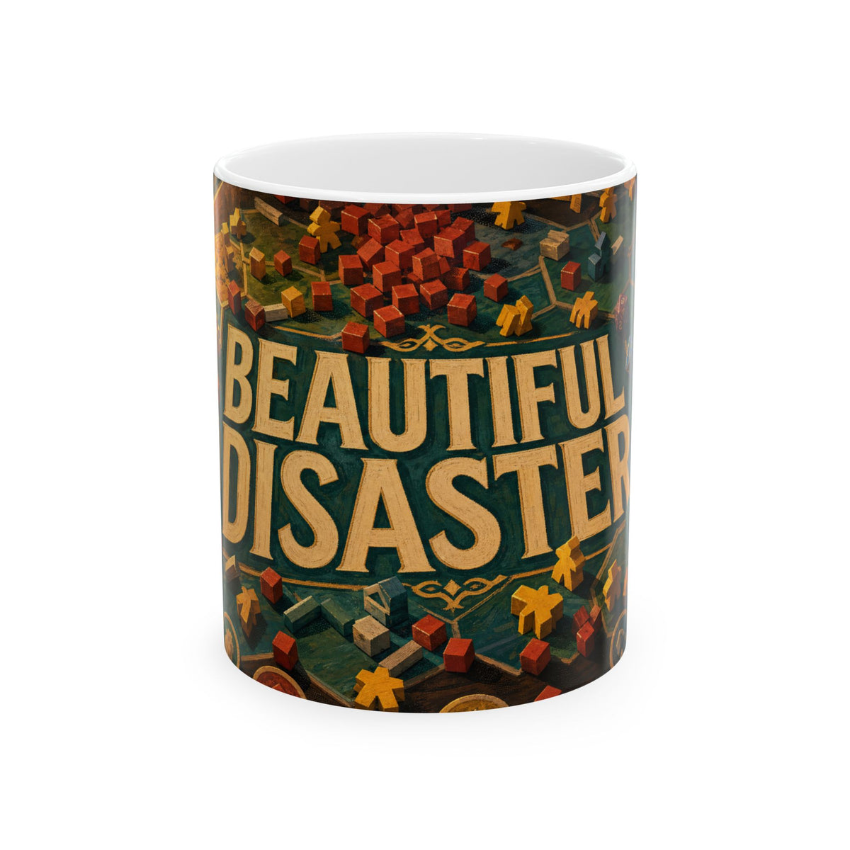 Board Game Chaos Mug Meeples and Dice Tabletop Game Night Humor Coffee Cup