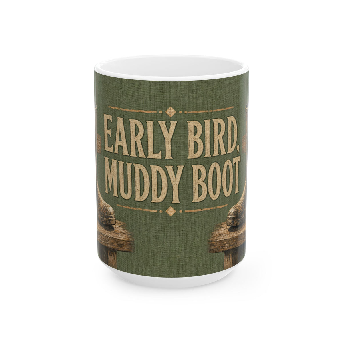 Birdwatching Humor Mug Wellington Boot Stile Feather Field Gear Olive Green