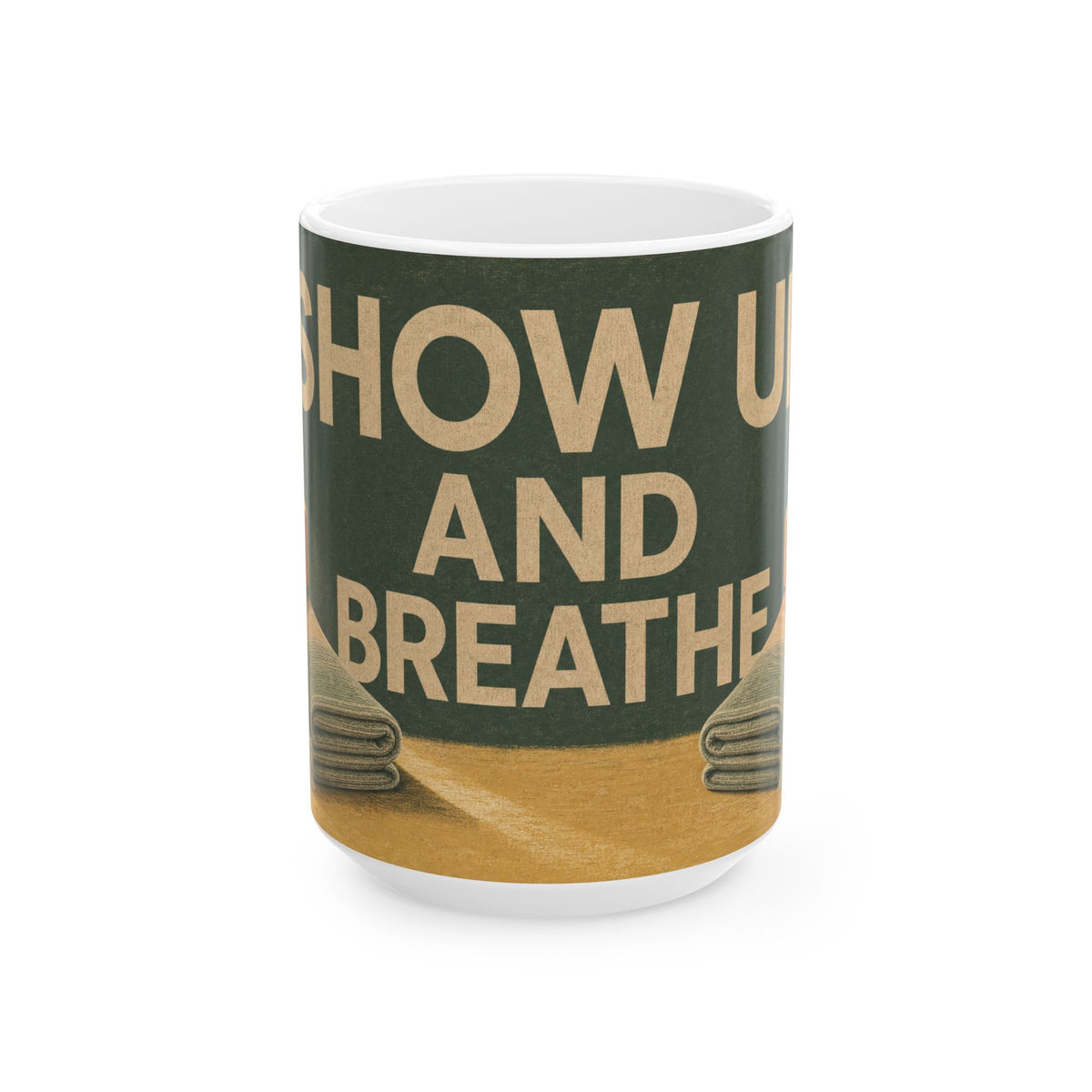 Senior Yoga Blocks and Folded Blanket Mug calm studio morning light gift