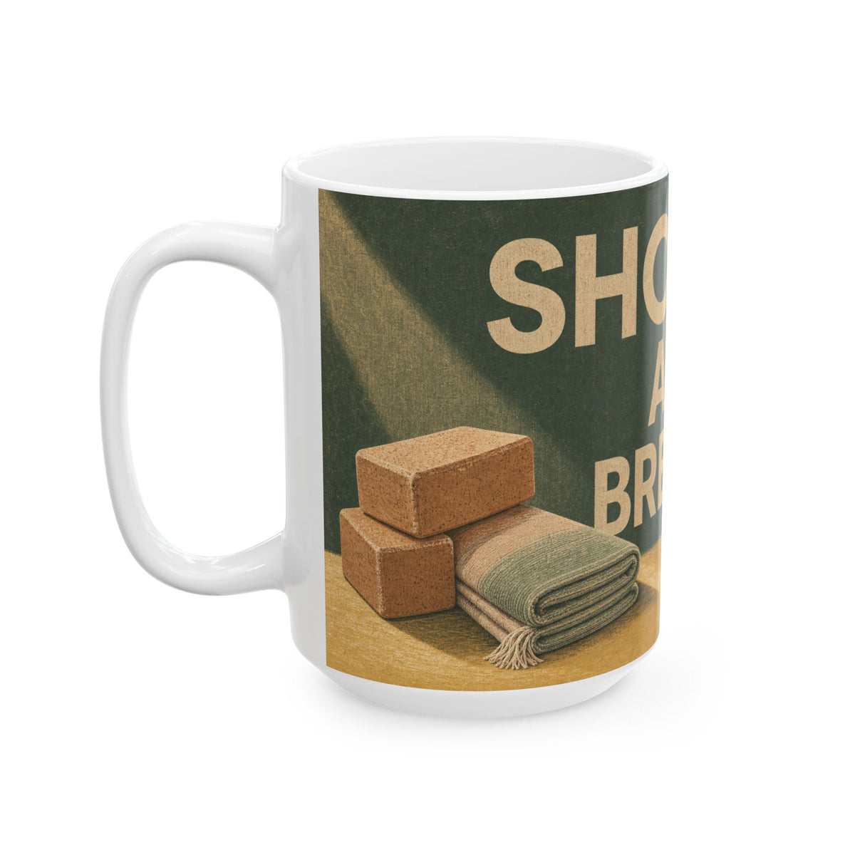 Senior Yoga Blocks and Folded Blanket Mug calm studio morning light gift