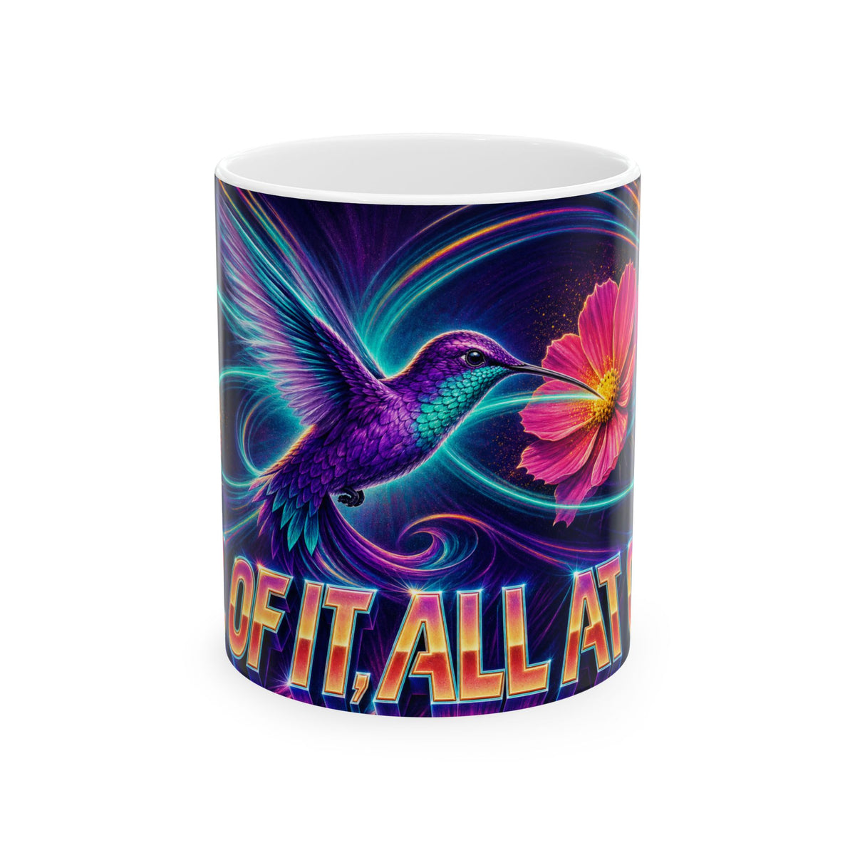 Hummingbird Hovering Neon Poster Art Mug vibrant flowers frenetic joy