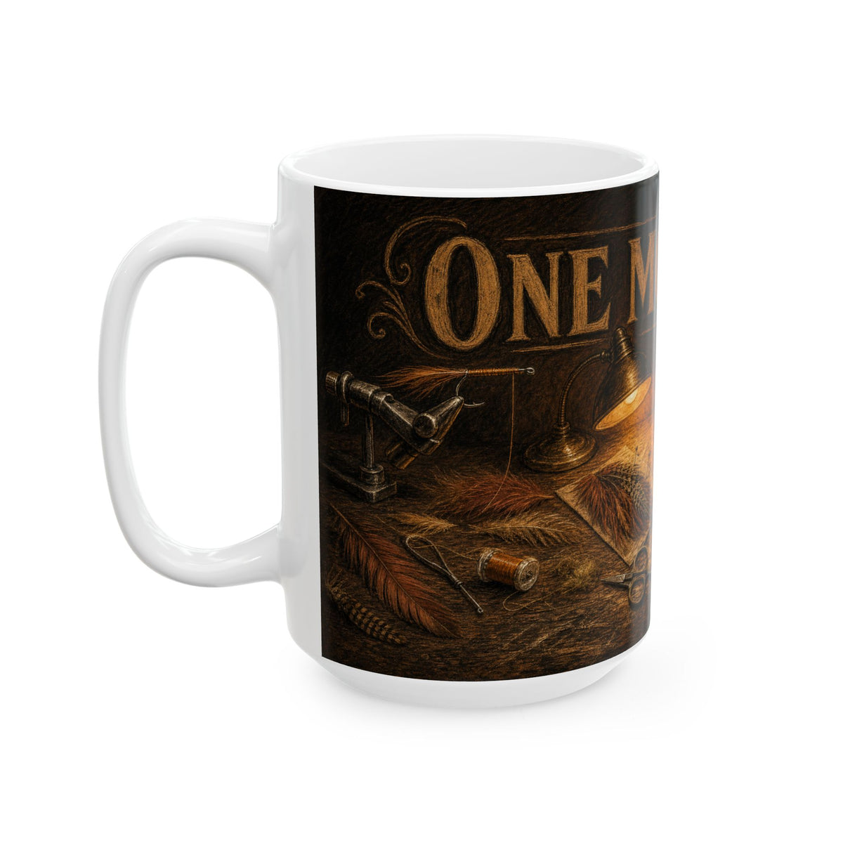 Fly Tying Bench Mug with Warm Lamp Glow and Hackle Feathers Scattered