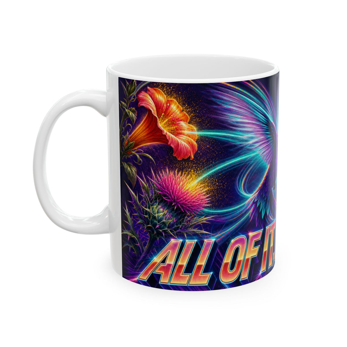 Hummingbird Hovering Neon Poster Art Mug vibrant flowers frenetic joy