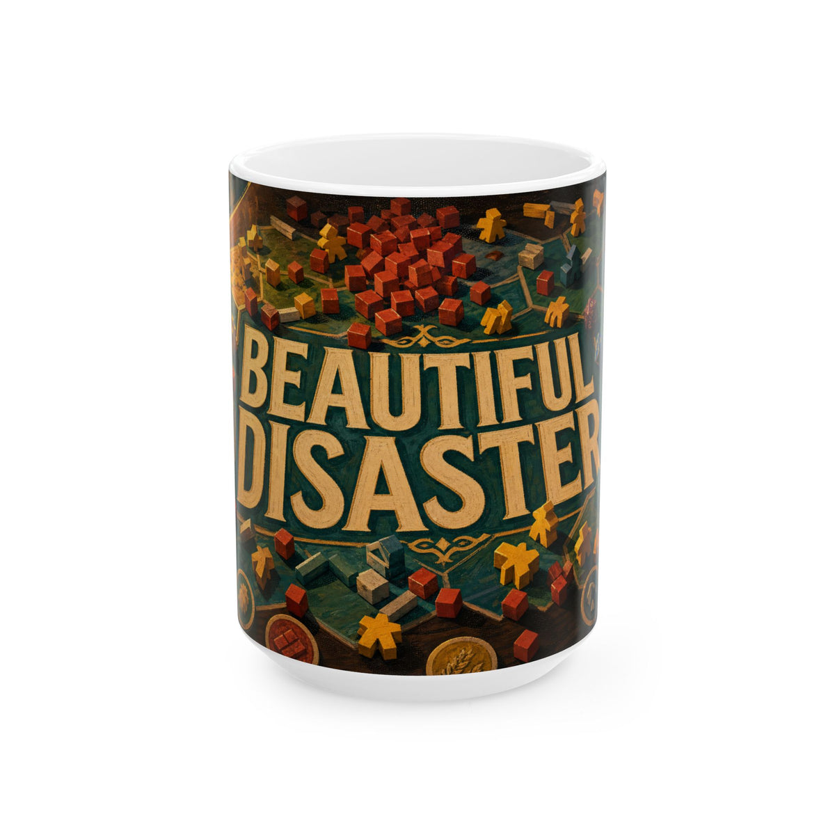 Board Game Chaos Mug Meeples and Dice Tabletop Game Night Humor Coffee Cup