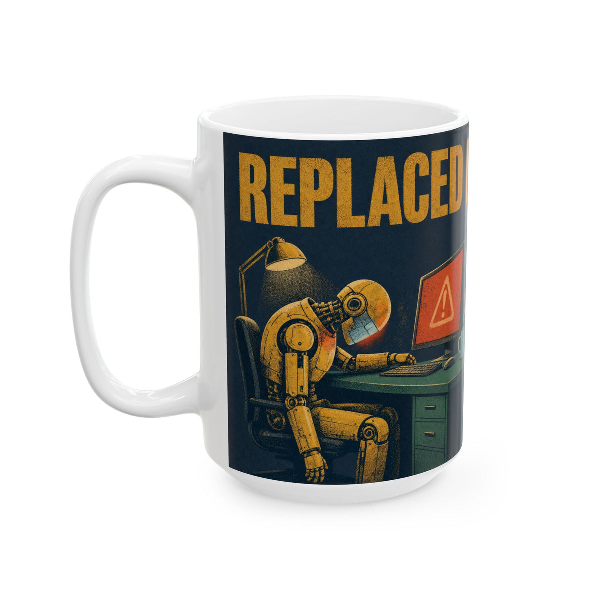 Office Robot Dark Humour Mug AI Anxiety Desk Scene Duotone Gift for Tech Workers