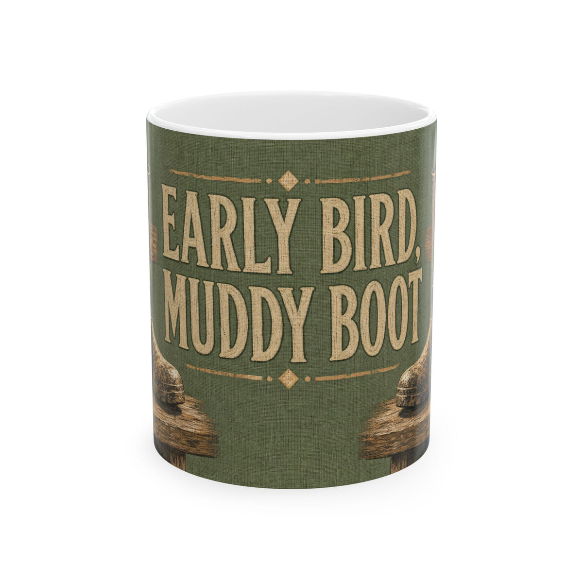 Birdwatching Humor Mug Wellington Boot Stile Feather Field Gear Olive Green
