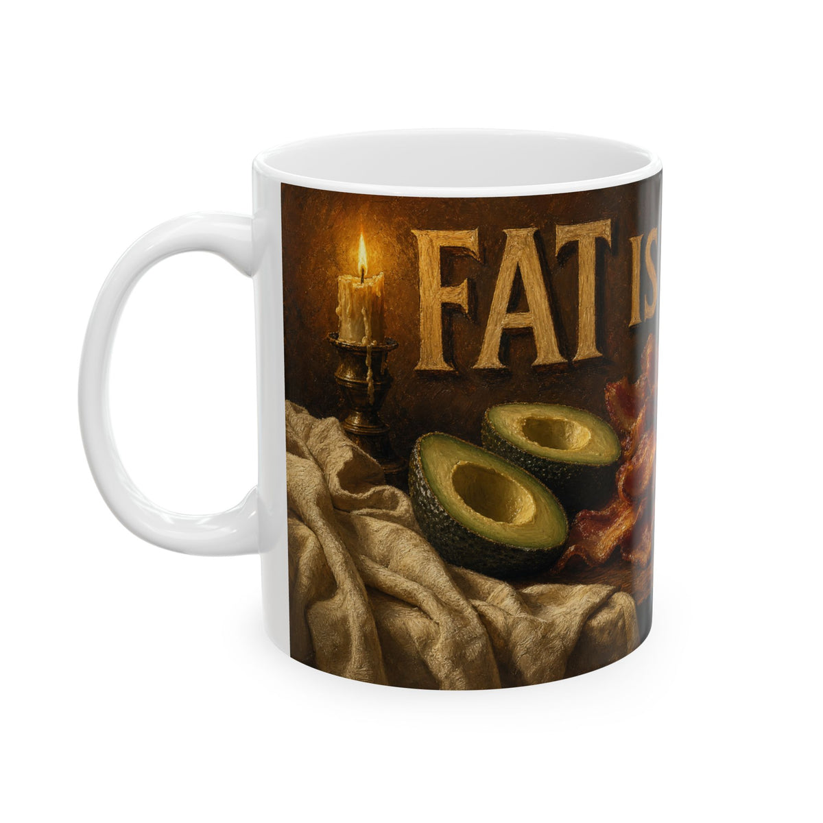 Keto Still Life Coffee Mug Dutch Golden Age Bacon Eggs Butter Avocado Oil Painting