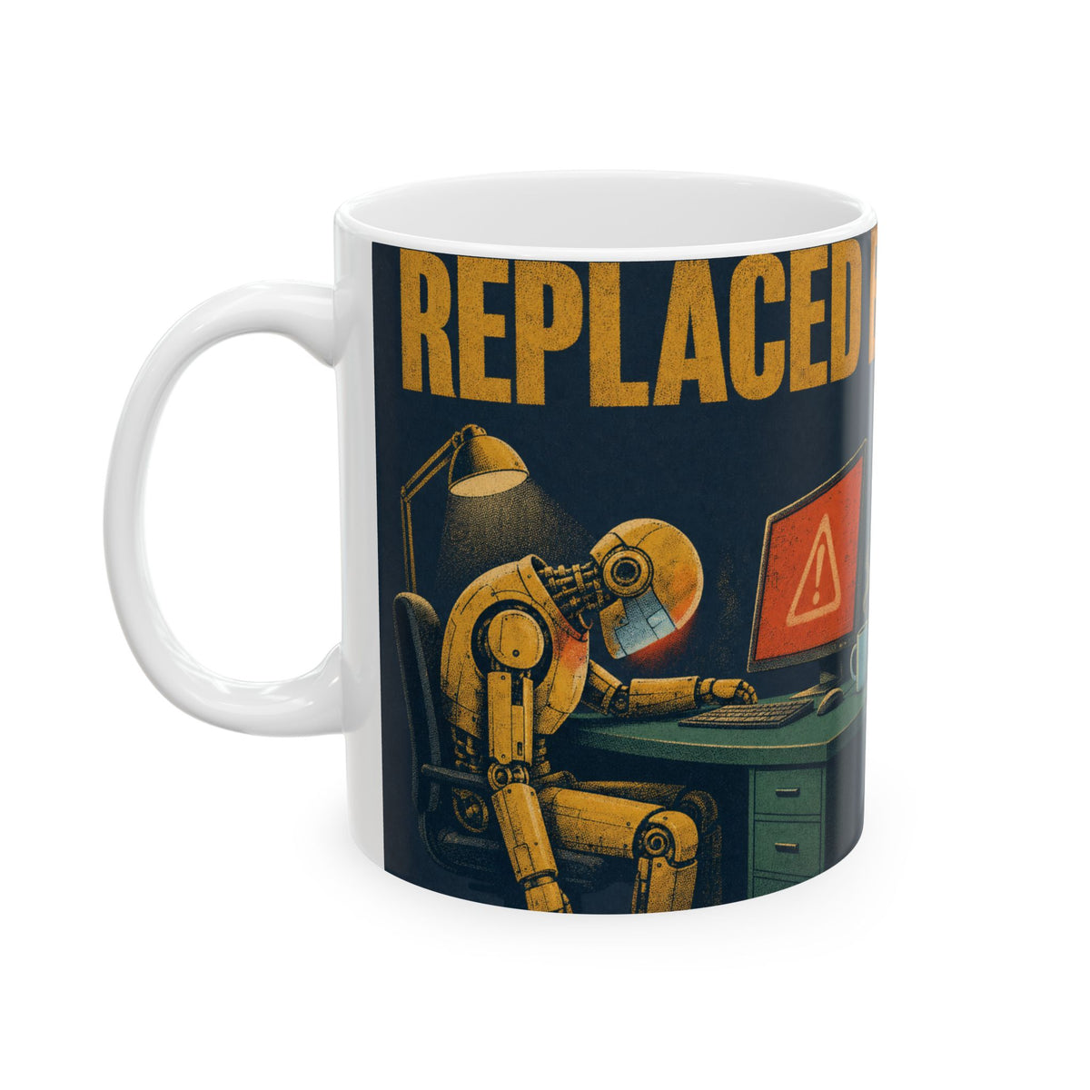 Office Robot Dark Humour Mug AI Anxiety Desk Scene Duotone Gift for Tech Workers