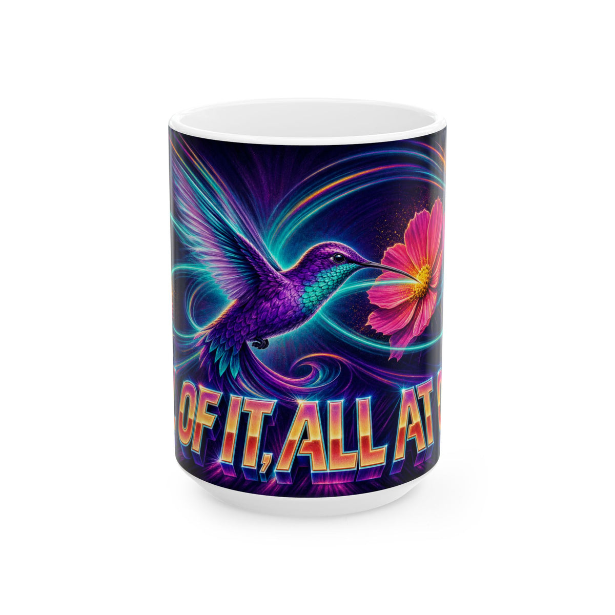 Hummingbird Hovering Neon Poster Art Mug vibrant flowers frenetic joy