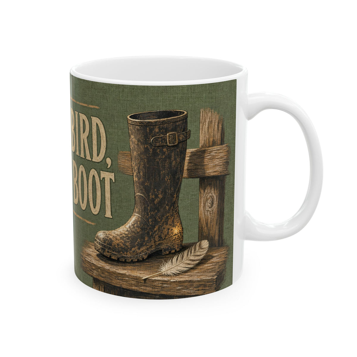 Birdwatching Humor Mug Wellington Boot Stile Feather Field Gear Olive Green