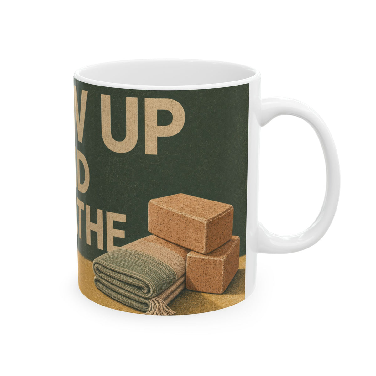 Senior Yoga Blocks and Folded Blanket Mug calm studio morning light gift