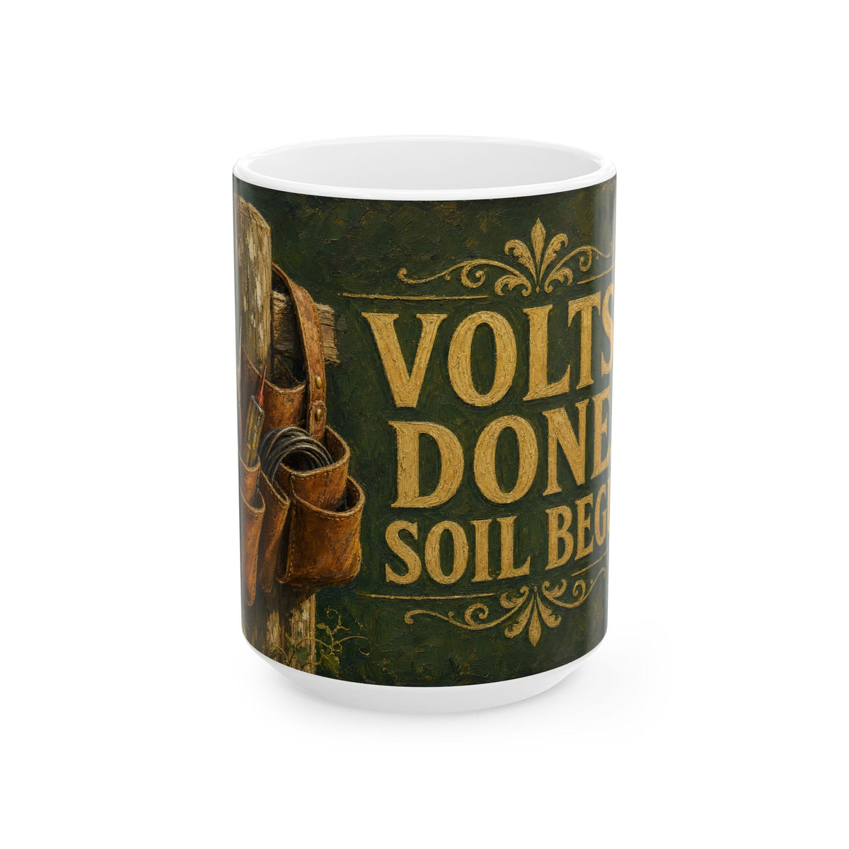 Retired Electrician Tool Belt Garden Mug worn leather tools oil painting style