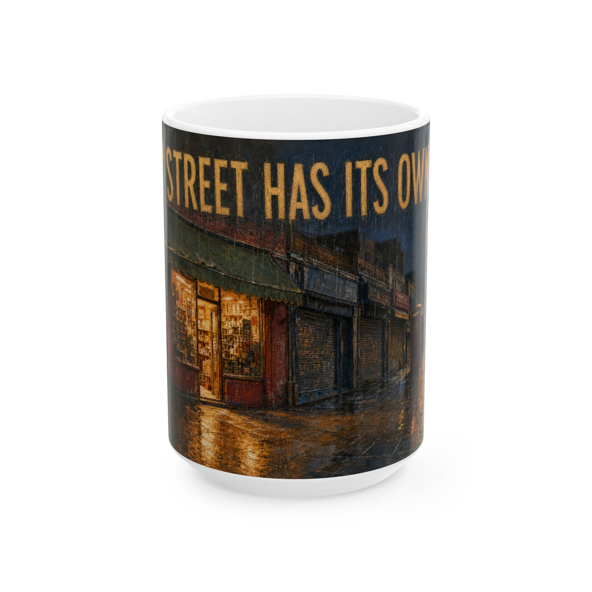 Corner Shop Dusk Mug rainy high street wet pavement glow urban night scene