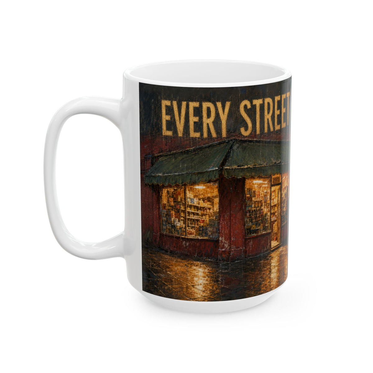 Corner Shop Dusk Mug rainy high street wet pavement glow urban night scene