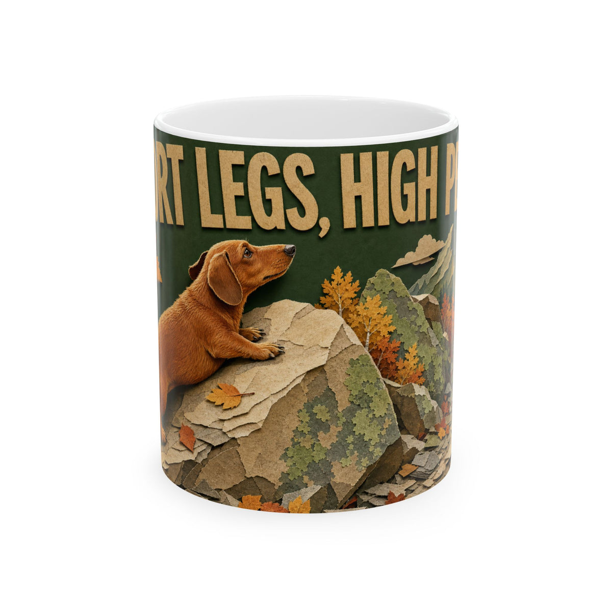 Dachshund Hiking Autumn Trail Mug cut paper collage rocky mountain path dog