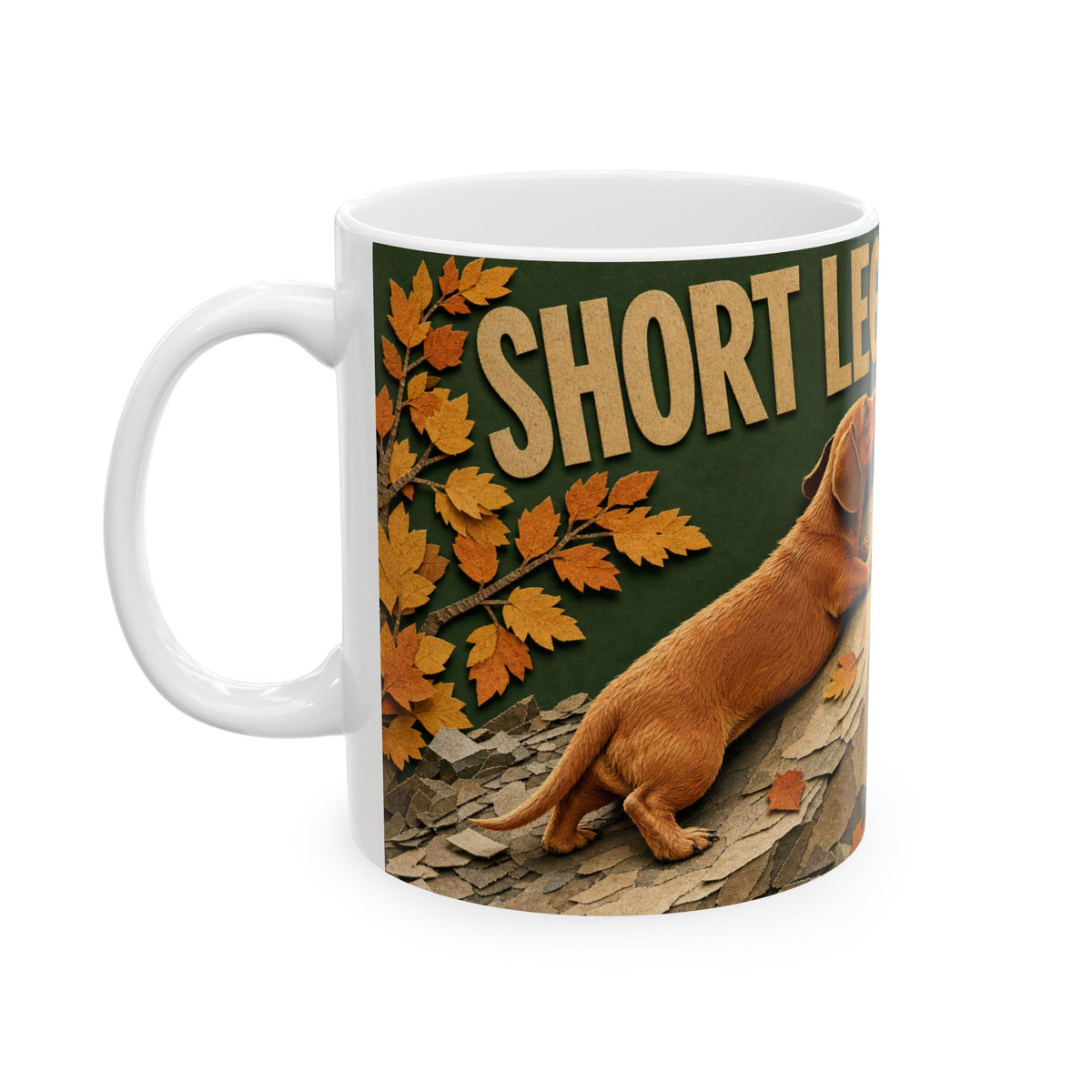 Dachshund Hiking Autumn Trail Mug cut paper collage rocky mountain path dog