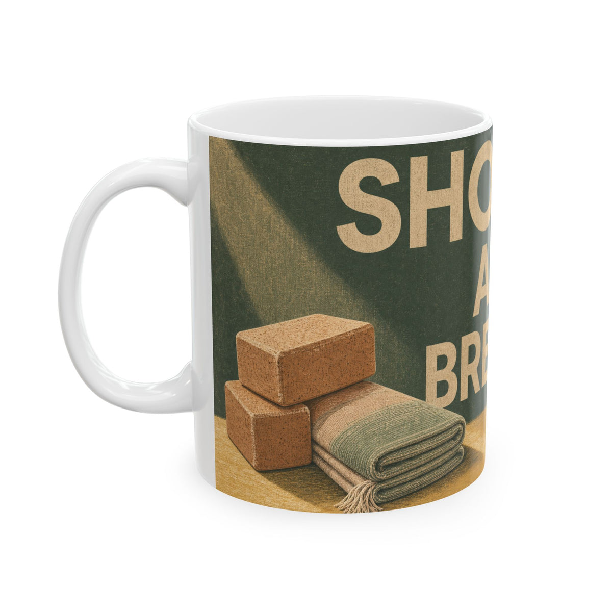 Senior Yoga Blocks and Folded Blanket Mug calm studio morning light gift