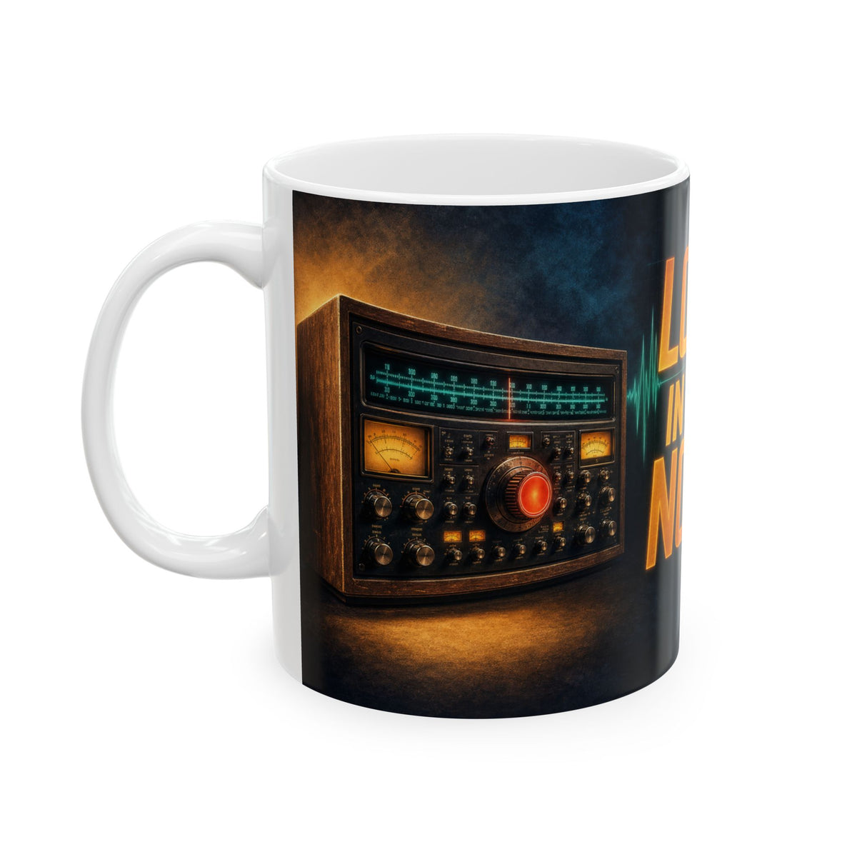 Lost in the Noise Ham Radio Shack Mug Vintage Shortwave Radio Glowing Amber Dials