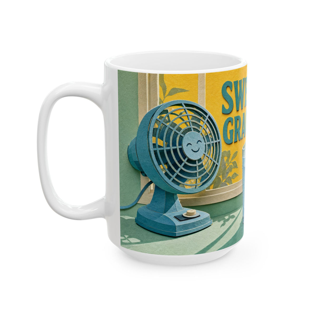 Sweating Gracefully Mug Hot Flash Humor Electric Fan Windowsill Wilting Peony