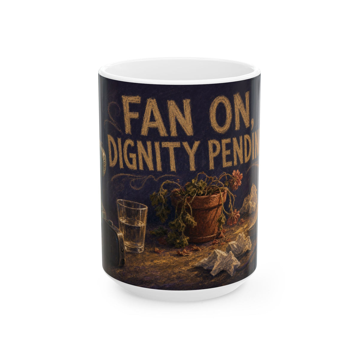 Vintage desk fan wilting geranium mug chalk pastel dark night sweat scene