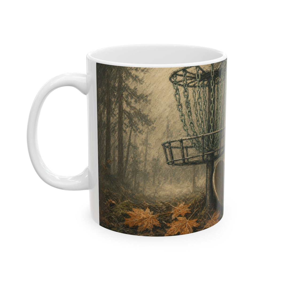 Disc Golf Basket Foggy Forest Morning Mug for Disc Golfers Misty Pine