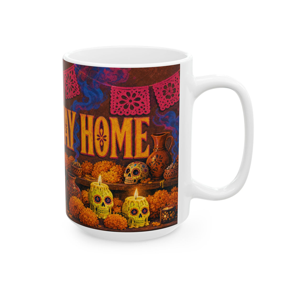 Dia de los Muertos Sugar Skull Candles Ofrenda Marigold Folk Art Coffee Mug