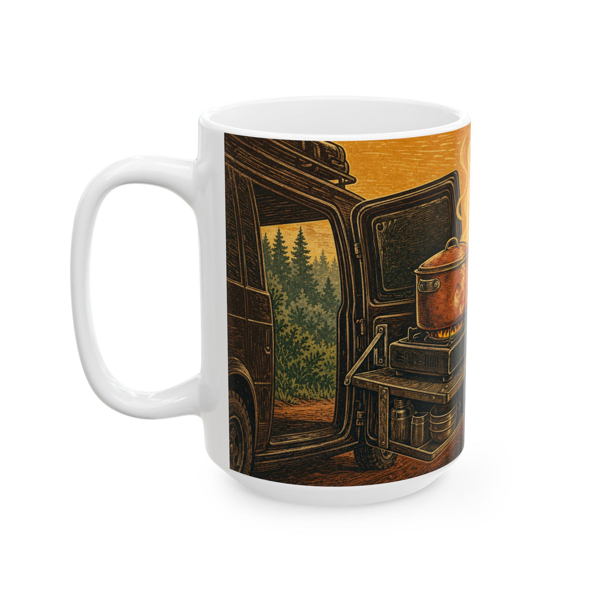 Van Life Cooking Camp Kitchen Mug linocut print outdoor burner road trip