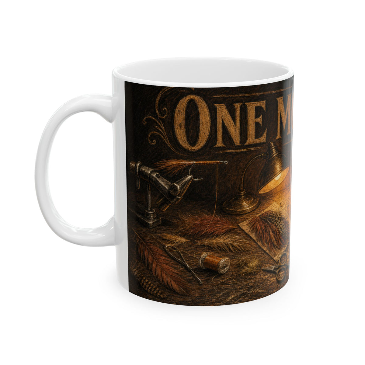 Fly Tying Bench Mug with Warm Lamp Glow and Hackle Feathers Scattered