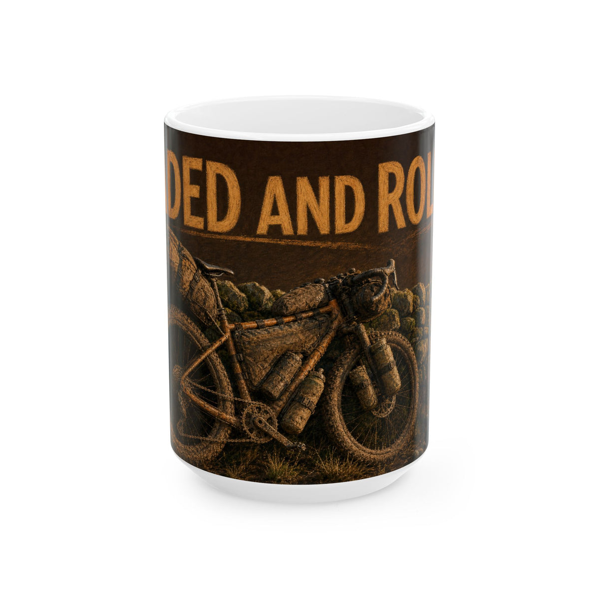 Bikepacking Adventure Mug loaded touring bike golden hour dry-stone wall