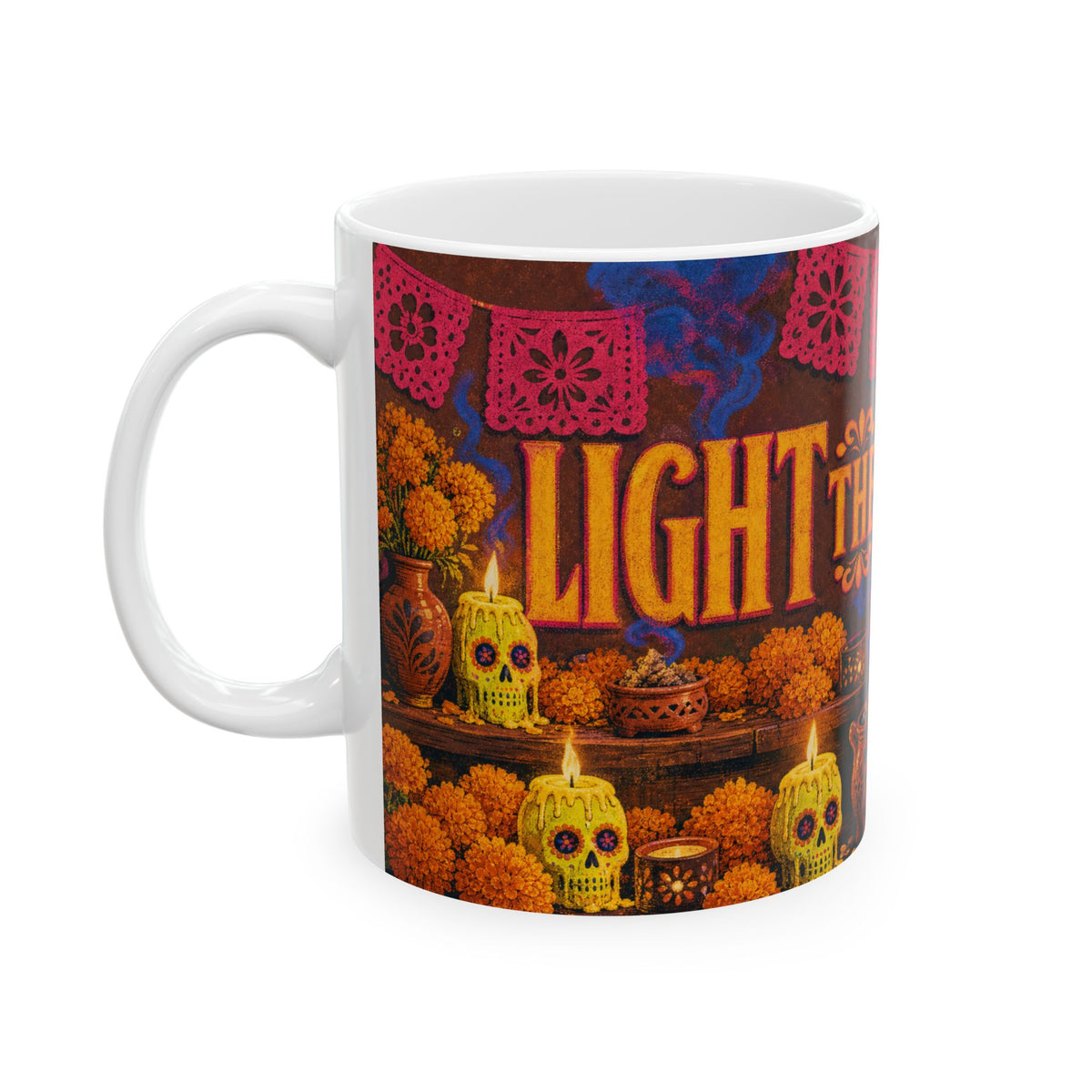 Dia de los Muertos Sugar Skull Candles Ofrenda Marigold Folk Art Coffee Mug