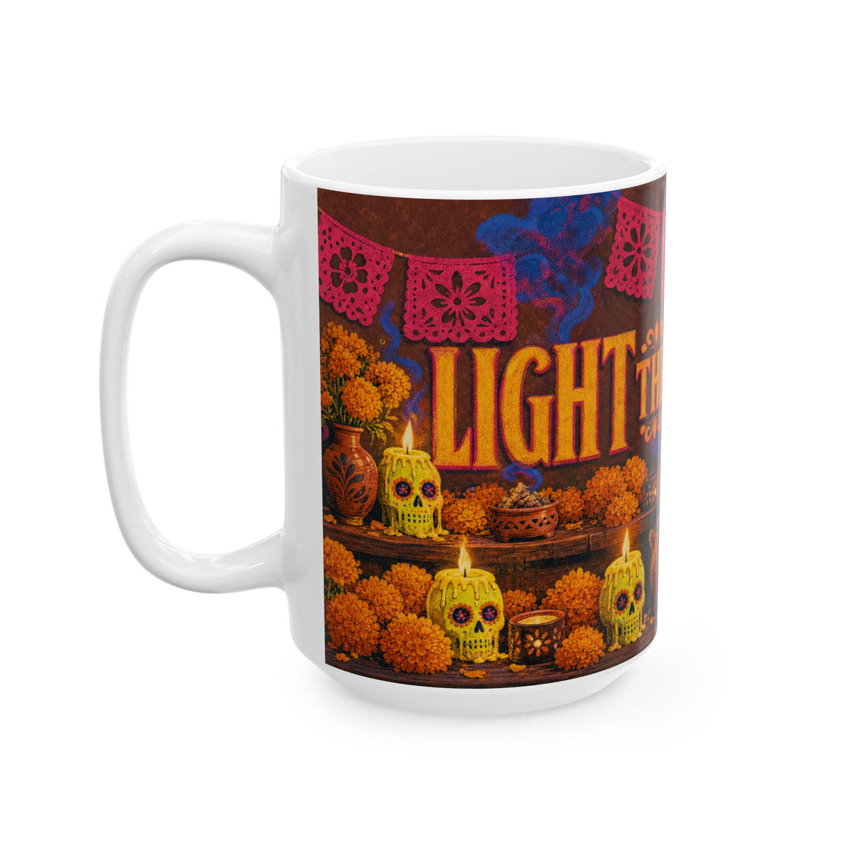 Dia de los Muertos Sugar Skull Candles Ofrenda Marigold Folk Art Coffee Mug