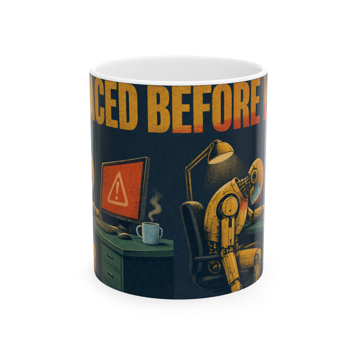 Office Robot Dark Humour Mug AI Anxiety Desk Scene Duotone Gift for Tech Workers