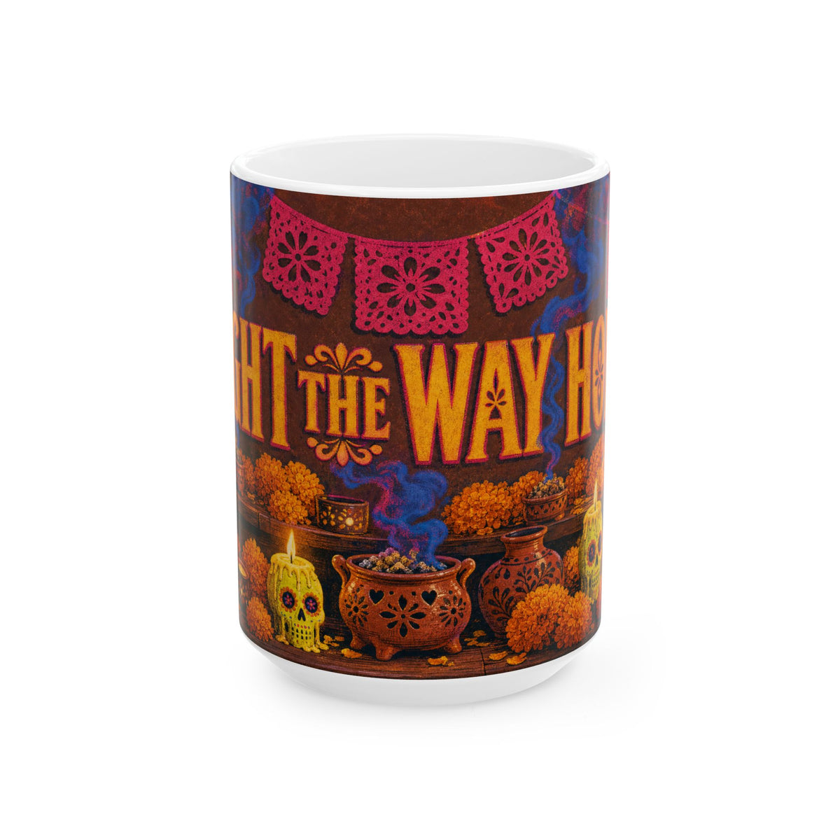 Dia de los Muertos Sugar Skull Candles Ofrenda Marigold Folk Art Coffee Mug