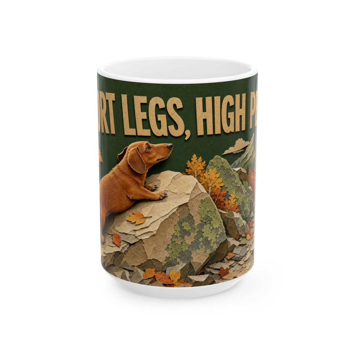 Dachshund Hiking Autumn Trail Mug cut paper collage rocky mountain path dog