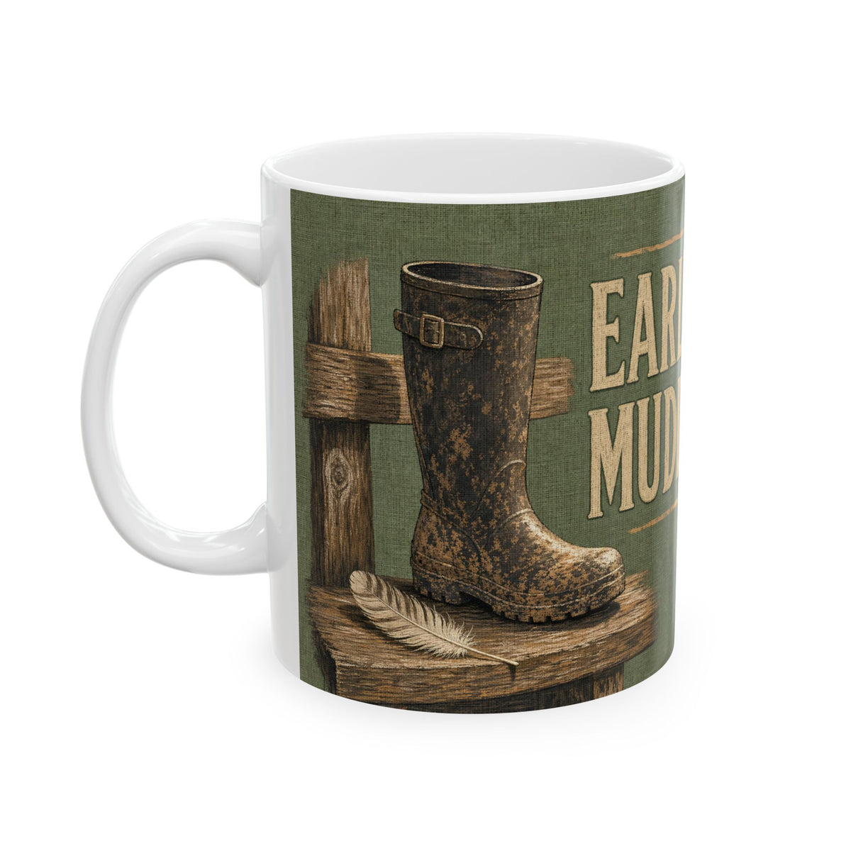 Birdwatching Humor Mug Wellington Boot Stile Feather Field Gear Olive Green