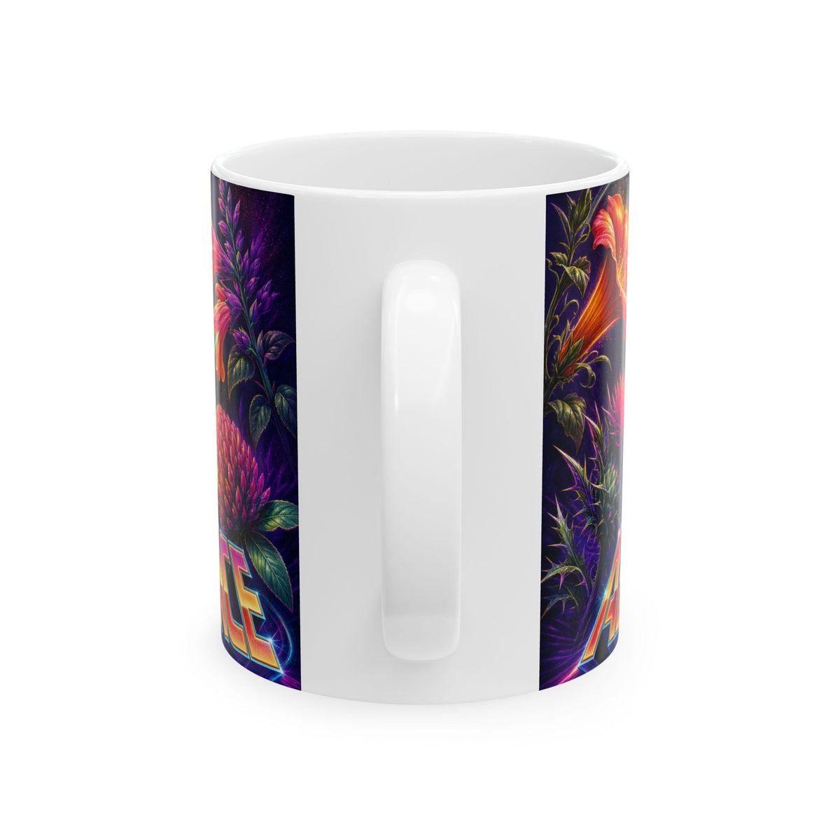 Hummingbird Hovering Neon Poster Art Mug vibrant flowers frenetic joy