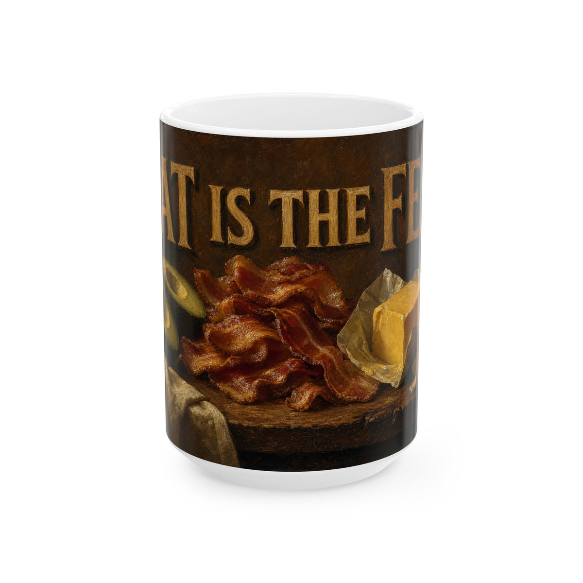 Keto Still Life Coffee Mug Dutch Golden Age Bacon Eggs Butter Avocado Oil Painting