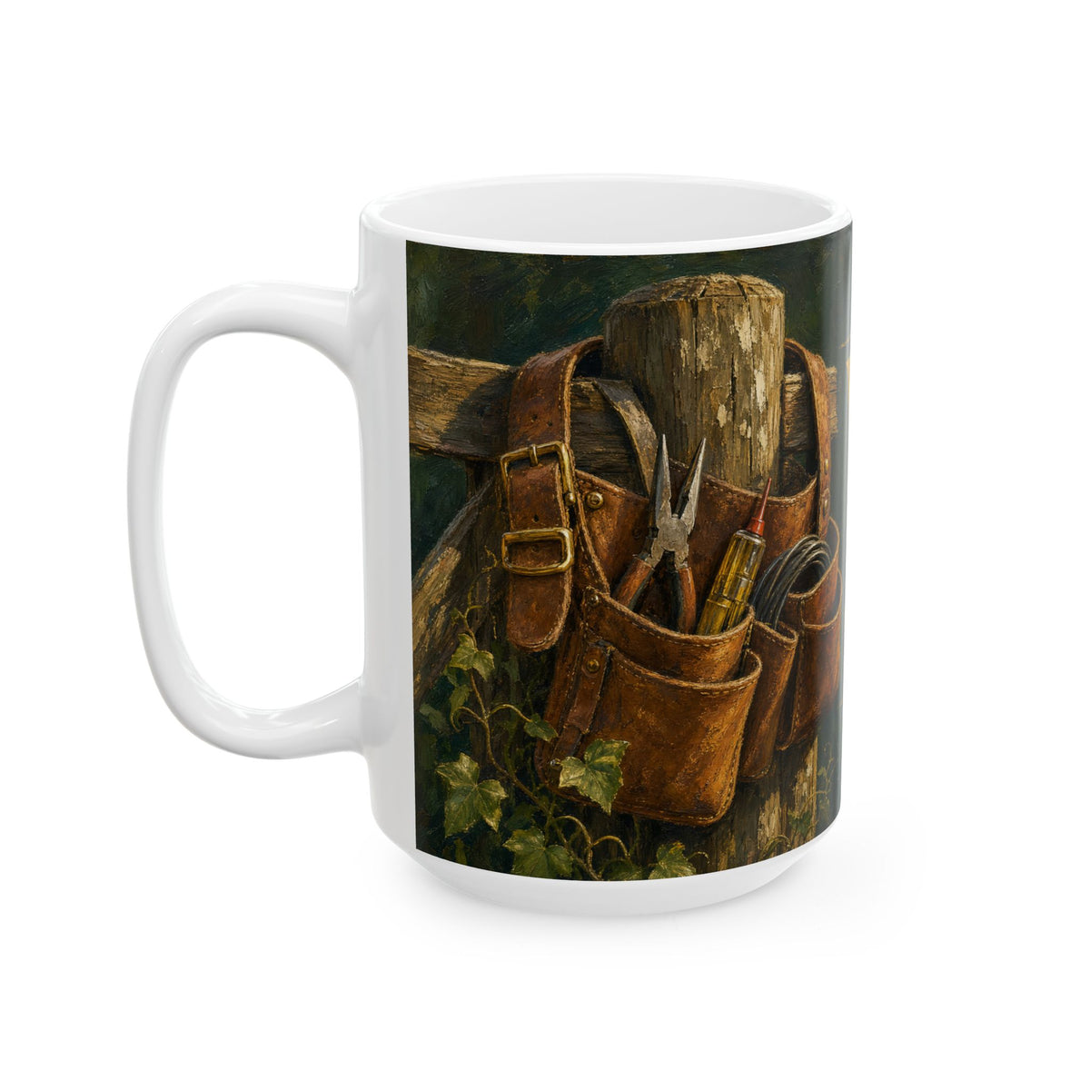 Retired Electrician Tool Belt Garden Mug worn leather tools oil painting style