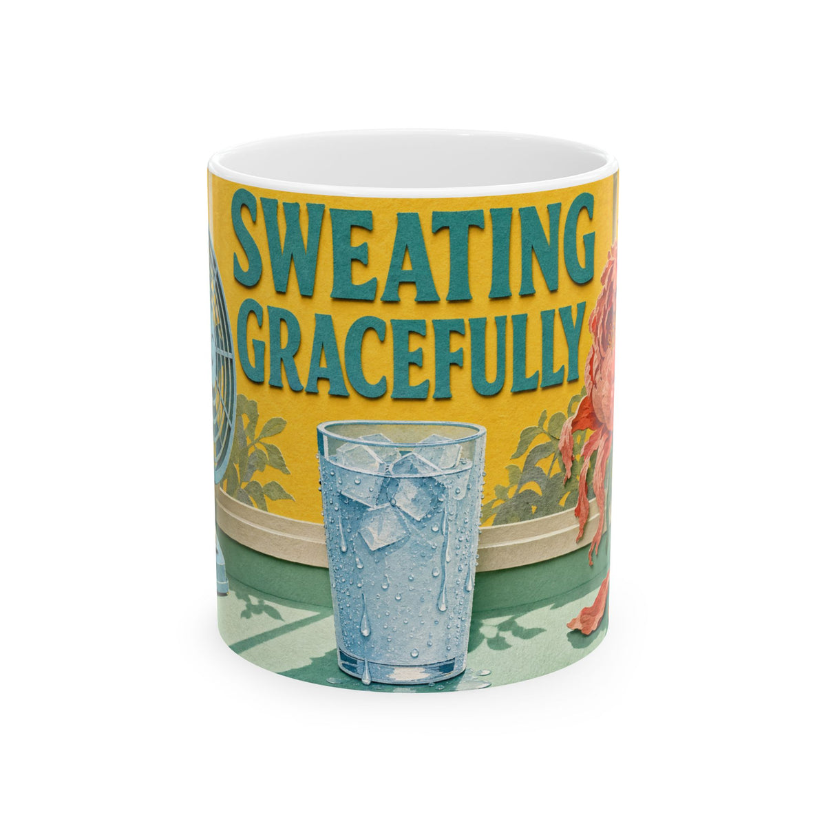 Sweating Gracefully Mug Hot Flash Humor Electric Fan Windowsill Wilting Peony