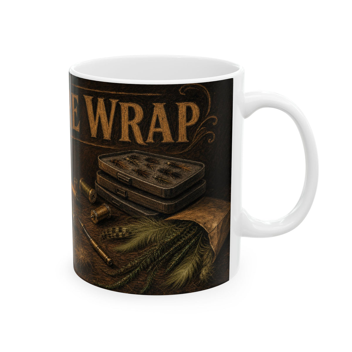 Fly Tying Bench Mug with Warm Lamp Glow and Hackle Feathers Scattered