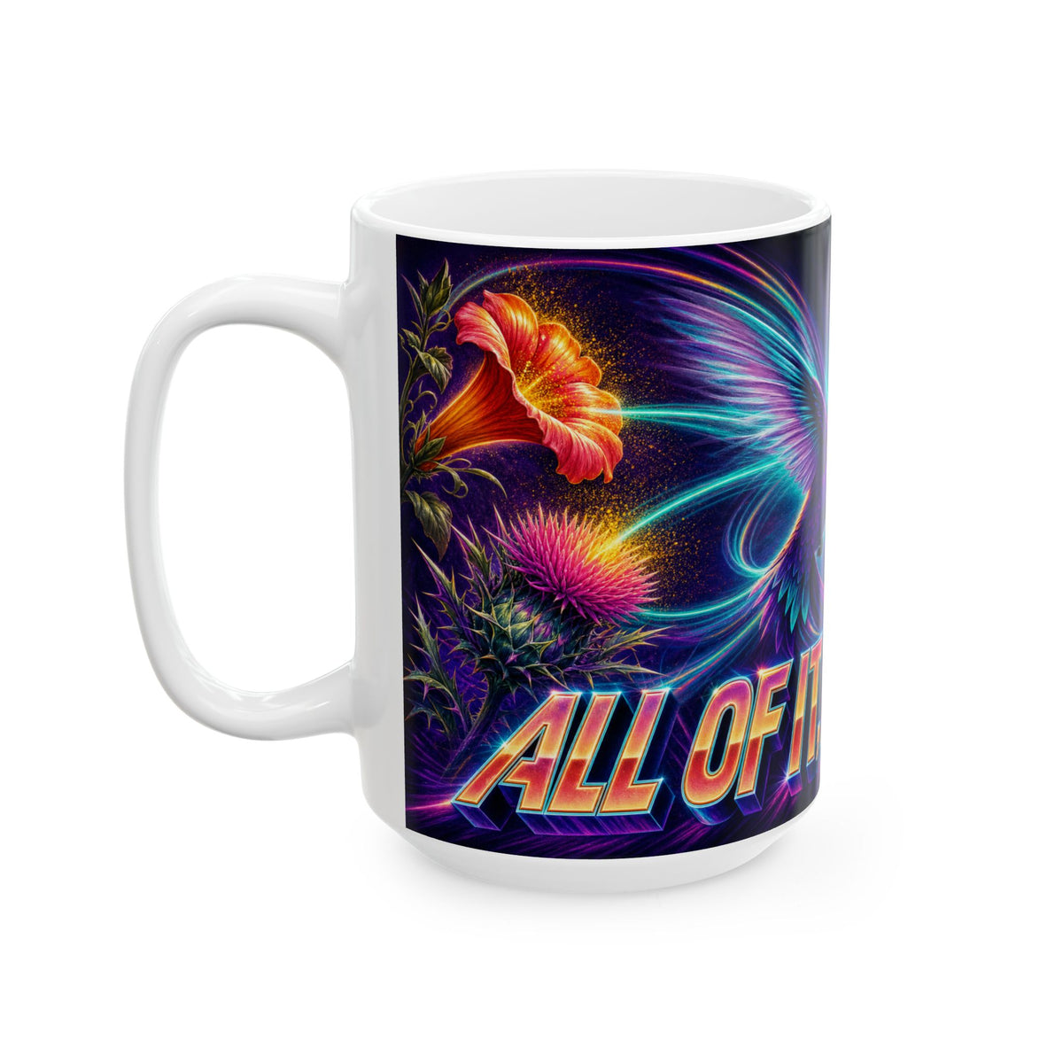 Hummingbird Hovering Neon Poster Art Mug vibrant flowers frenetic joy