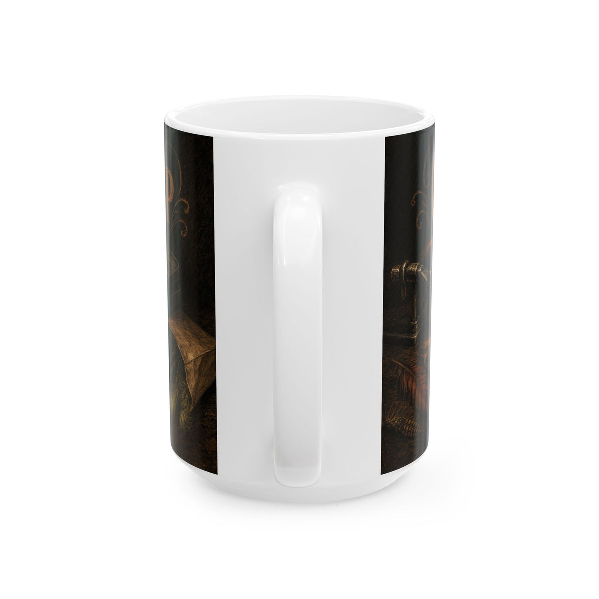 Fly Tying Bench Mug with Warm Lamp Glow and Hackle Feathers Scattered