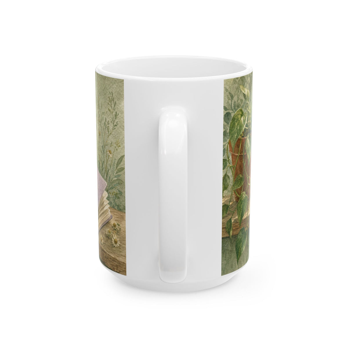 Pothos Windowsill Self-Care Still Life Mug Soft Sage Botanical Watercolour