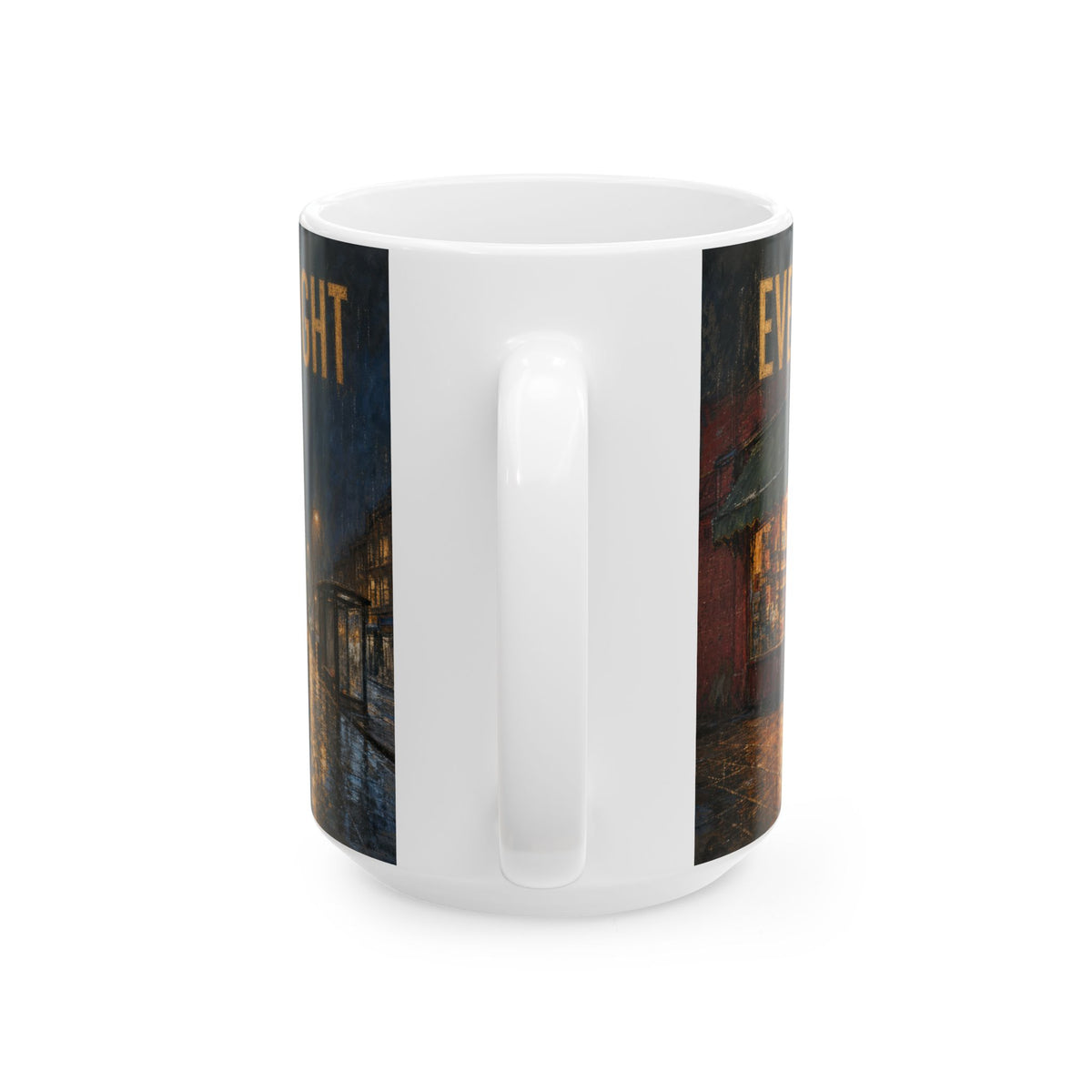 Corner Shop Dusk Mug rainy high street wet pavement glow urban night scene