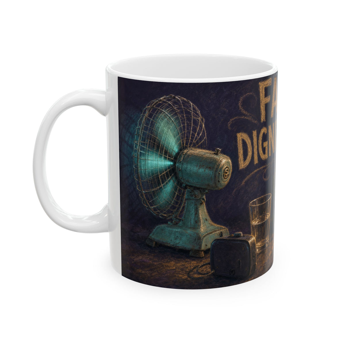 Vintage desk fan wilting geranium mug chalk pastel dark night sweat scene
