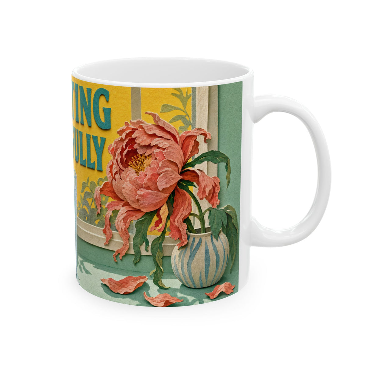 Sweating Gracefully Mug Hot Flash Humor Electric Fan Windowsill Wilting Peony
