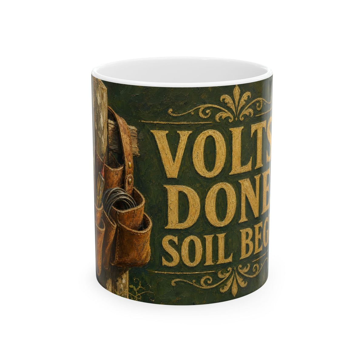 Retired Electrician Tool Belt Garden Mug worn leather tools oil painting style